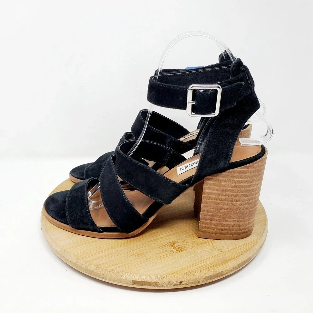 Steve Madden Sandals Womens 7.5 Black Velvet‎ Straps Fishtail Block Heel Shoes